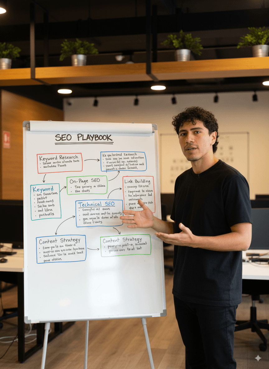 Marco, consultor SEO, de pie