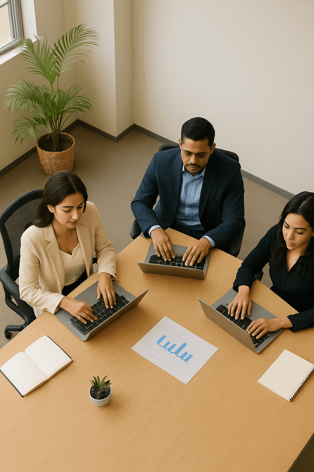 Un equipo colaborando en una estrategia digital con gráficos y datos.
