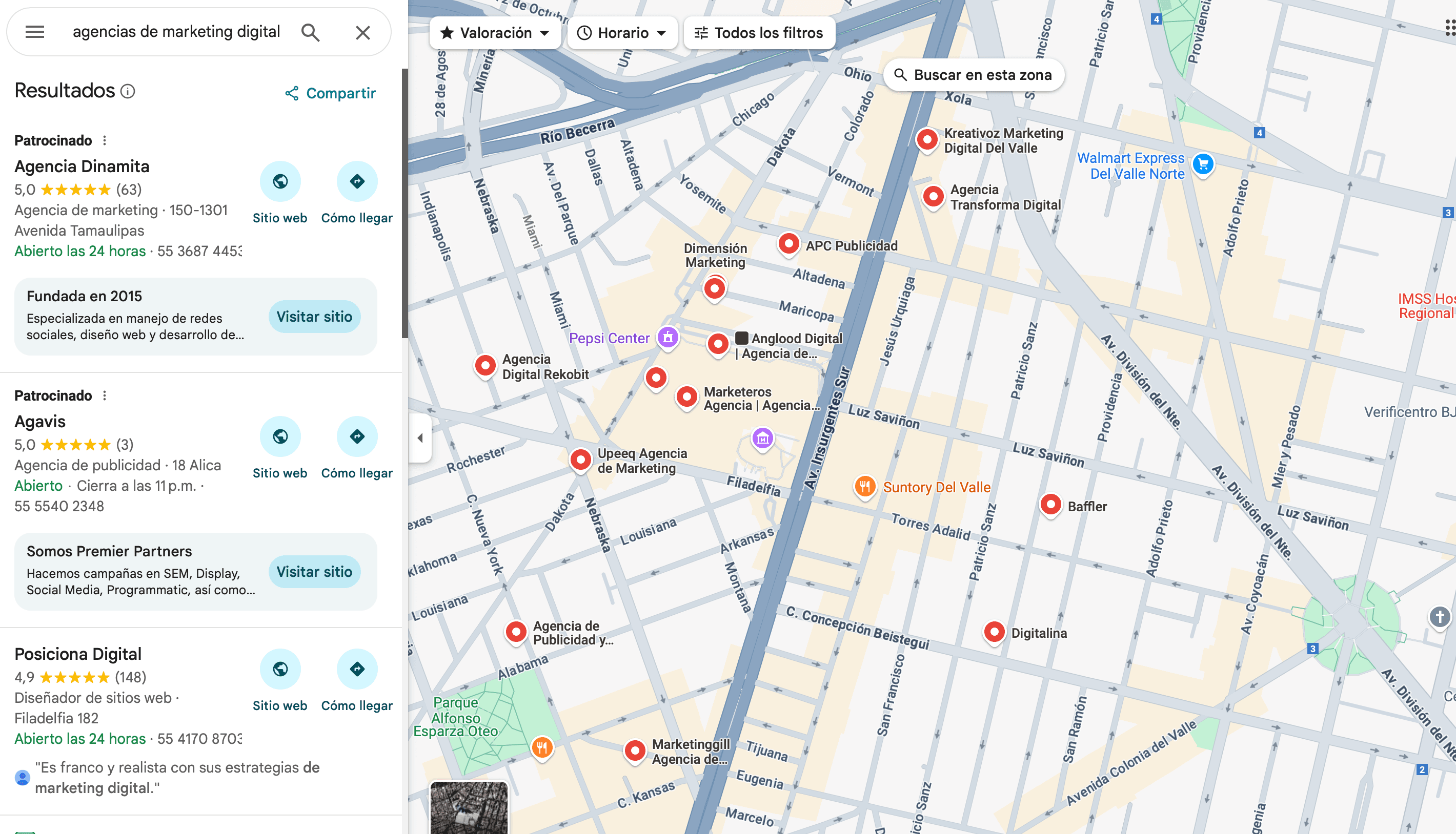 Captura de pantalla de Google Maps mostrando negocios de marketing digital en del Valle